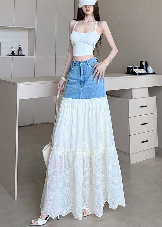 Fitted Blue Embroidered Patchwork Denim Skirts Fall