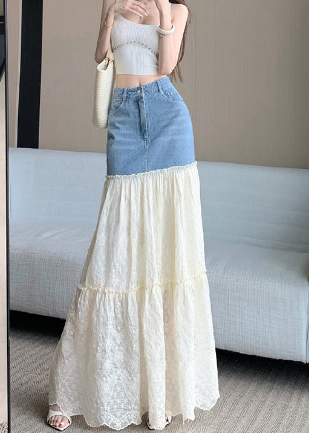 Fitted Blue Embroidered Patchwork Denim Skirts Fall