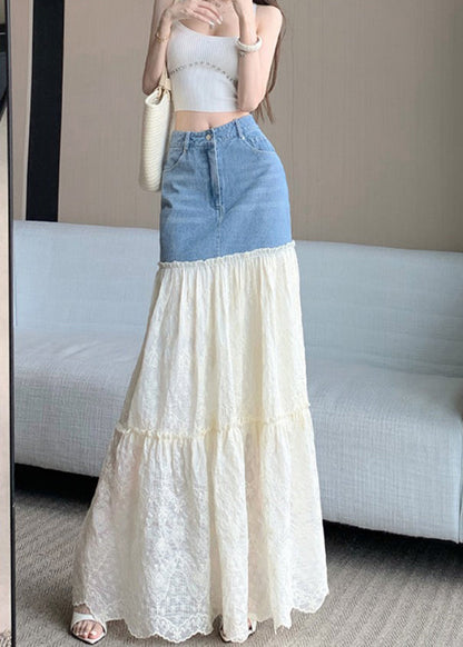 Fitted Blue Embroidered Patchwork Denim Skirts Fall