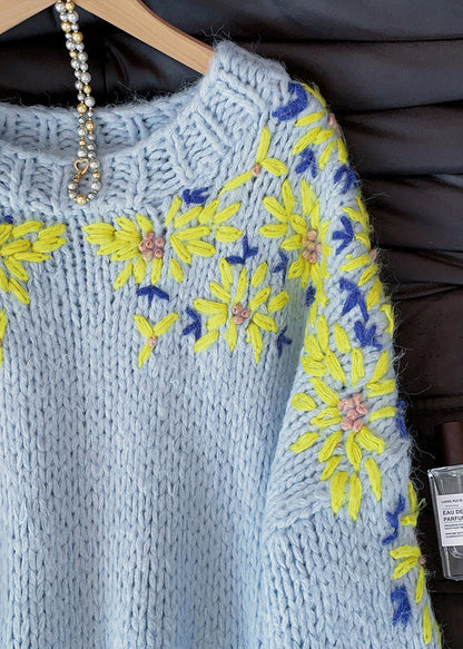 Fitted Blue Embroidered Thick Knitted Tops Fall