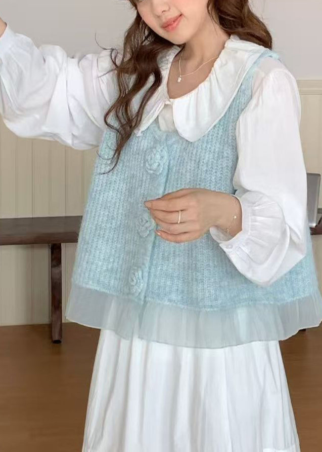 Fitted Blue Floral Patchwork Tulle Knit Vests Spring