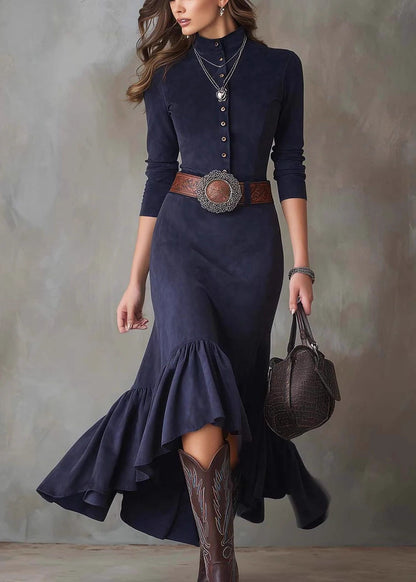 Fitted Blue Hign Neck Ruffled Patchwork Faux Suede Dress Fall