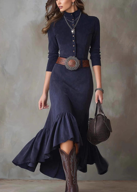 Fitted Blue Hign Neck Ruffled Patchwork Faux Suede Dress Fall