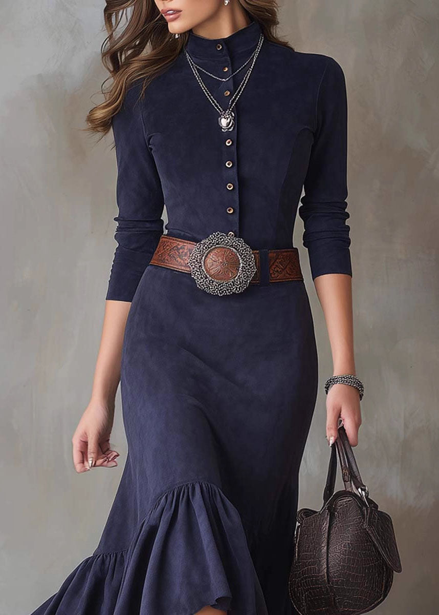 Fitted Blue Hign Neck Ruffled Patchwork Faux Suede Dress Fall