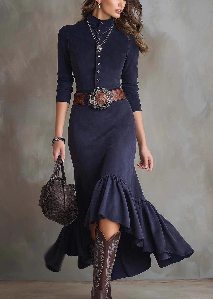 Fitted Blue Hign Neck Ruffled Patchwork Faux Suede Dress Fall