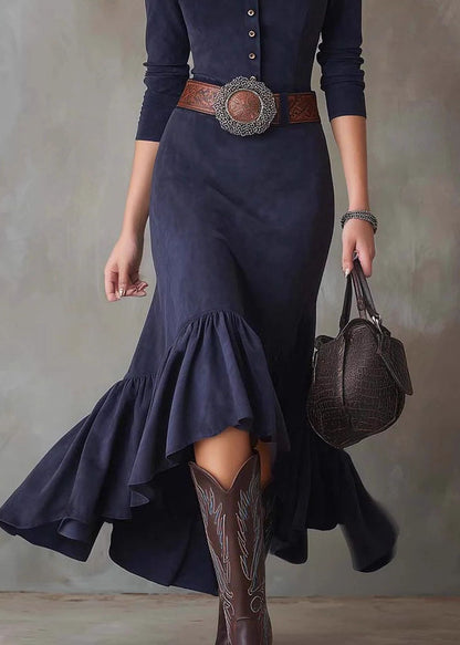 Fitted Blue Hign Neck Ruffled Patchwork Faux Suede Dress Fall