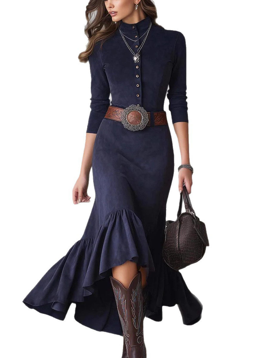 Fitted Blue Hign Neck Ruffled Patchwork Faux Suede Dress Fall