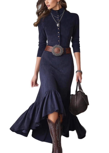 Fitted Blue Hign Neck Ruffled Patchwork Faux Suede Dress Fall