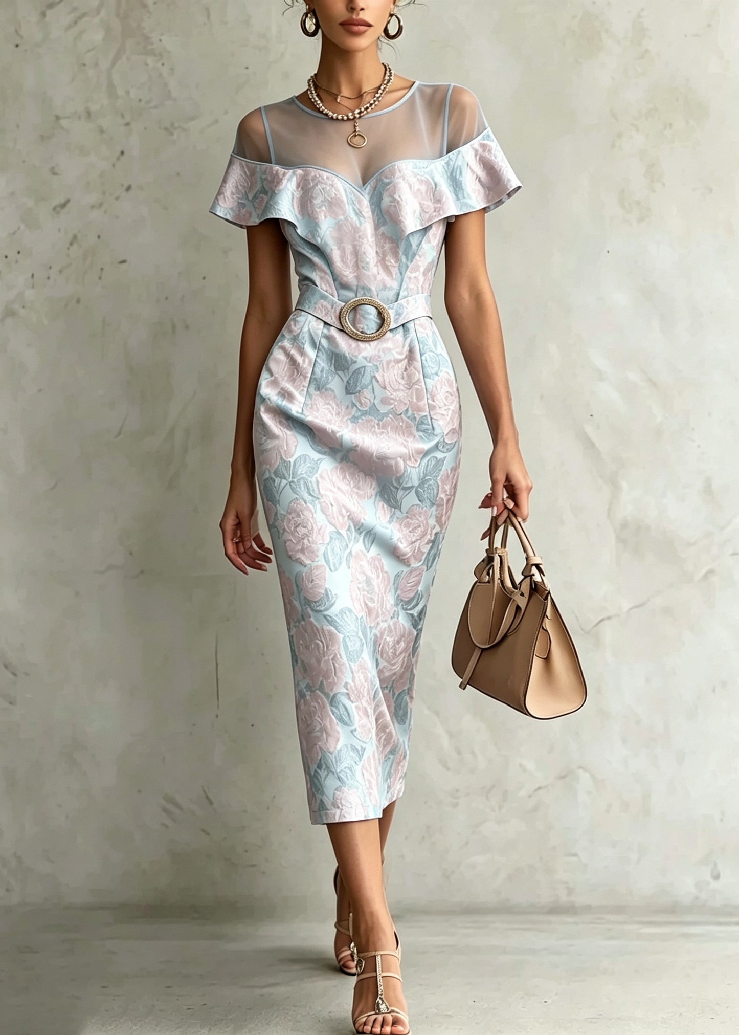 Fitted Blue Jacquard Tulle Patchwork Cotton Dress Summer