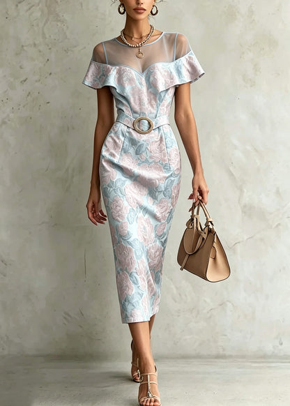 Fitted Blue Jacquard Tulle Patchwork Cotton Dress Summer