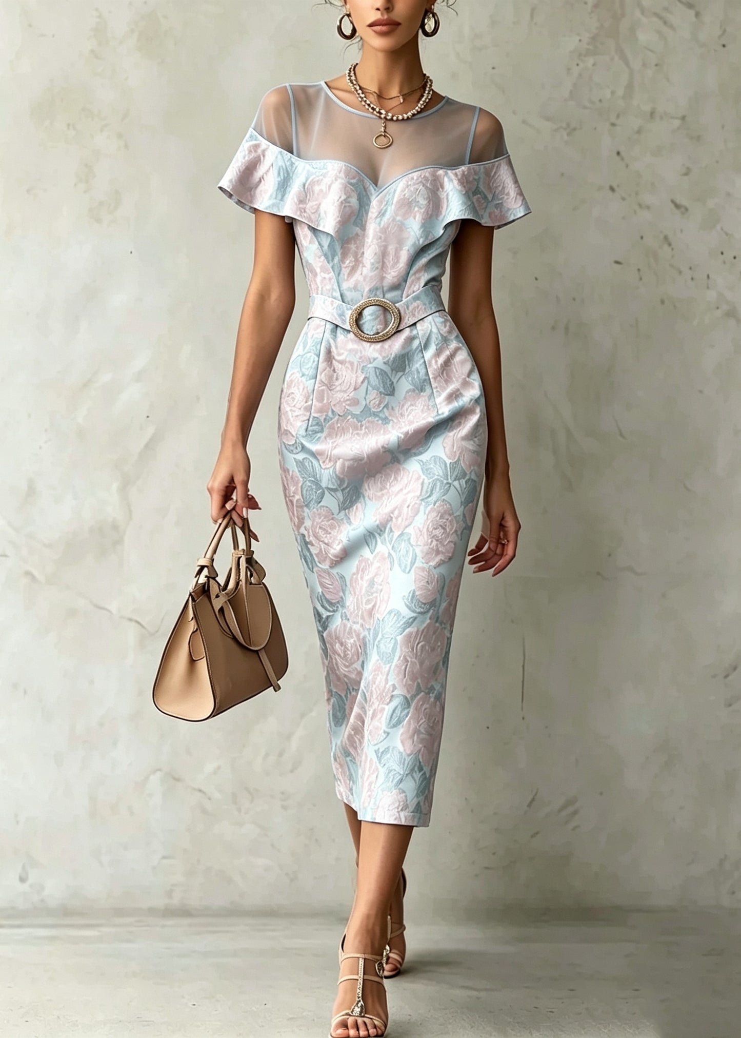 Fitted Blue Jacquard Tulle Patchwork Cotton Dress Summer