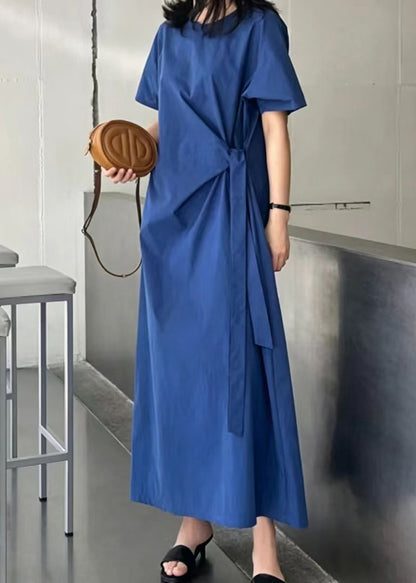 Fitted Blue O-Neck Lace Up Cotton Maxi Dress Summer