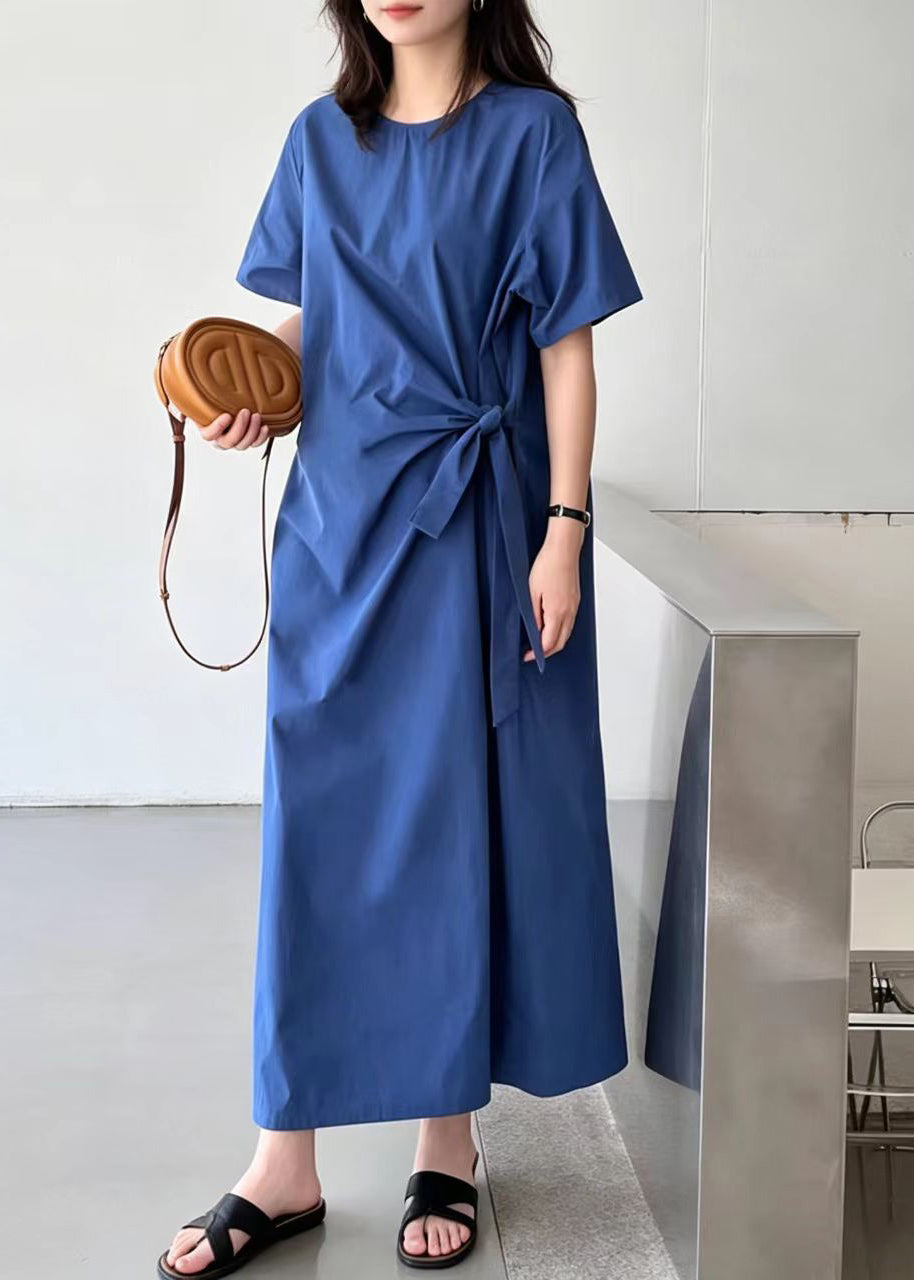Fitted Blue O-Neck Lace Up Cotton Maxi Dress Summer