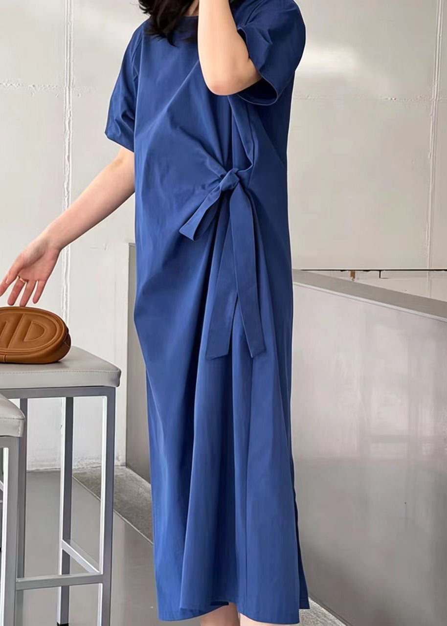 Fitted Blue O-Neck Lace Up Cotton Maxi Dress Summer