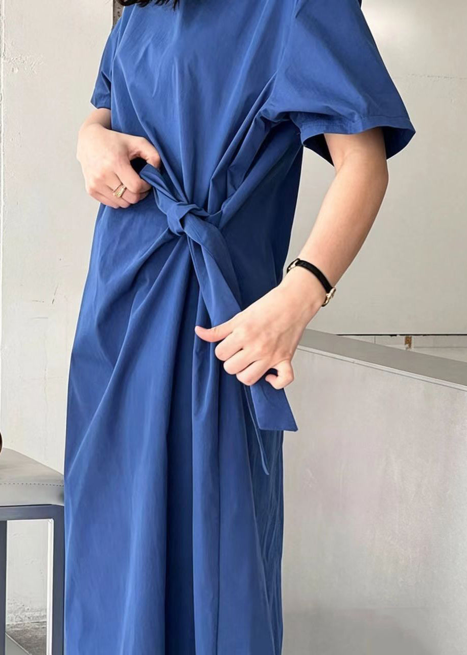 Fitted Blue O-Neck Lace Up Cotton Maxi Dress Summer