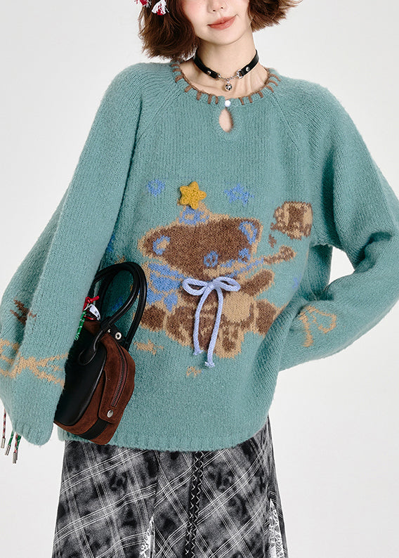 Fitted Blue Oversized Cute Bear Knit Sweater Tops Winter