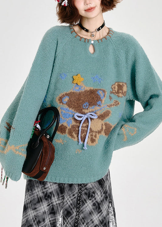 Fitted Blue Oversized Cute Bear Knit Sweater Tops Winter