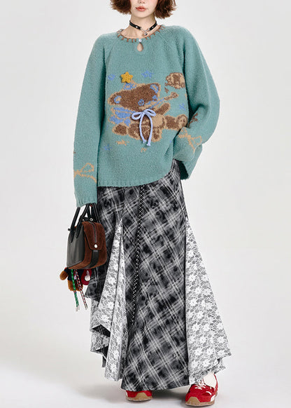 Fitted Blue Oversized Cute Bear Knit Sweater Tops Winter