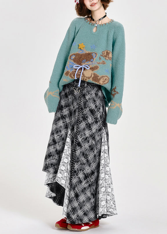 Fitted Blue Oversized Cute Bear Knit Sweater Tops Winter