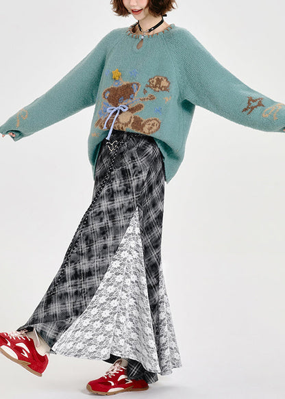 Fitted Blue Oversized Cute Bear Knit Sweater Tops Winter