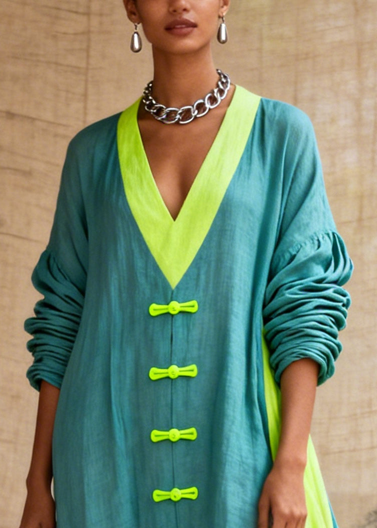 Fitted Blue Oversized Patchwork Chinese Button Cotton Maxi Dresses Fall
