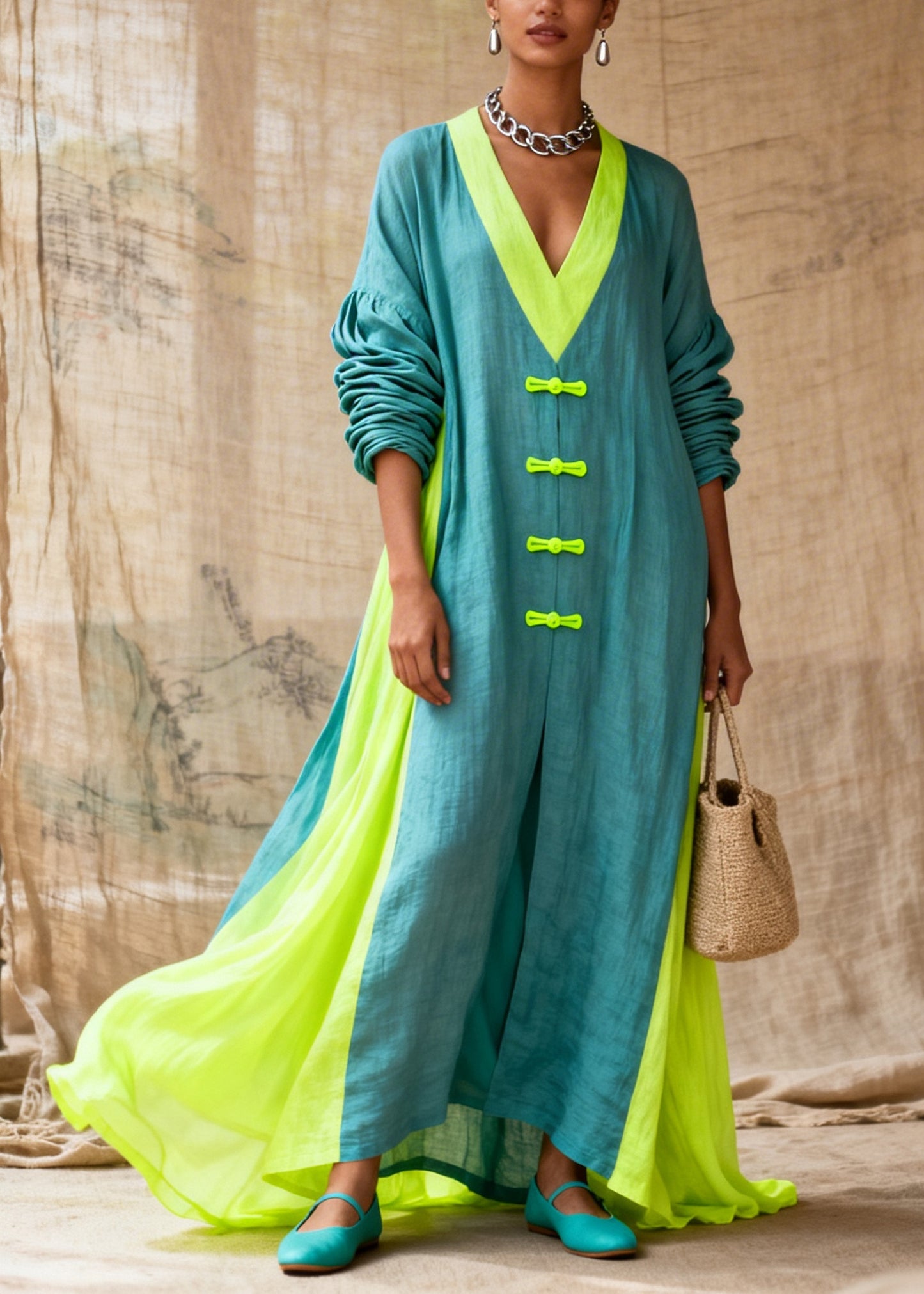 Fitted Blue Oversized Patchwork Chinese Button Cotton Maxi Dresses Fall