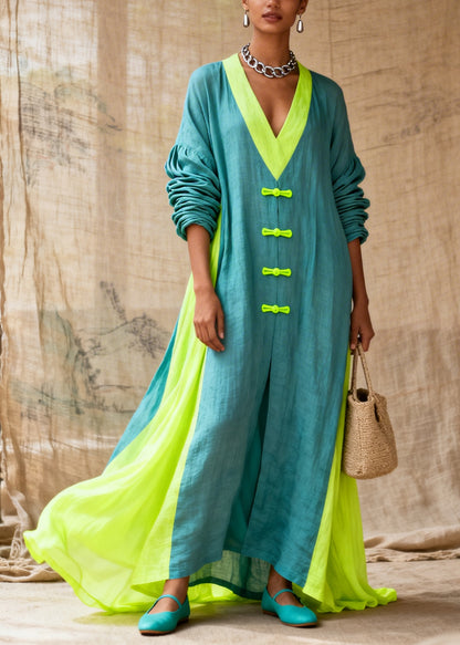 Fitted Blue Oversized Patchwork Chinese Button Cotton Maxi Dresses Fall