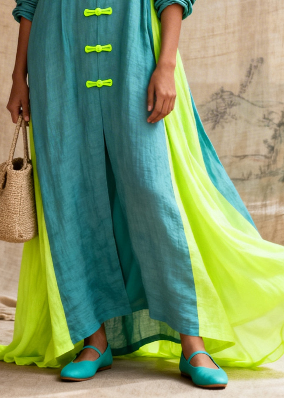 Fitted Blue Oversized Patchwork Chinese Button Cotton Maxi Dresses Fall