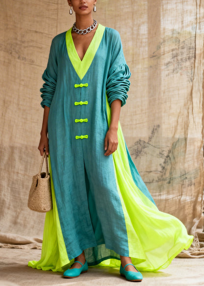 Fitted Blue Oversized Patchwork Chinese Button Cotton Maxi Dresses Fall