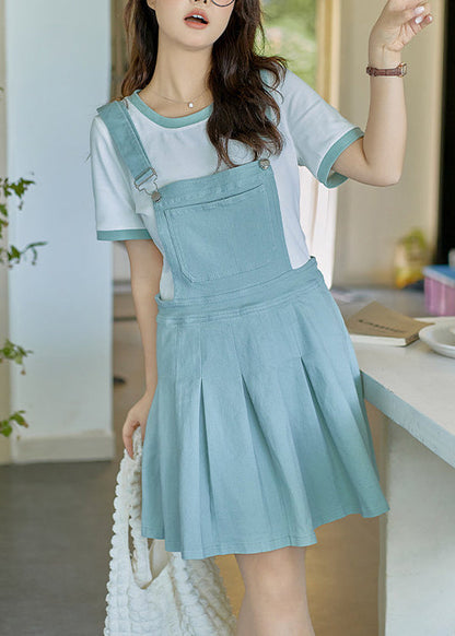 Fitted Blue Oversized Wrinkled Cotton Two Pieces Set Summer