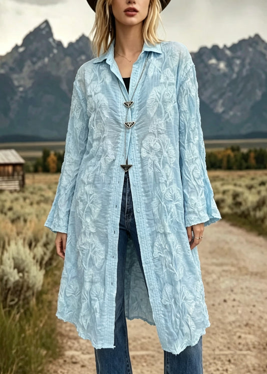 Fitted Blue Peter Pan Collar Embroidered Lace Shirts Top Long Sleeve