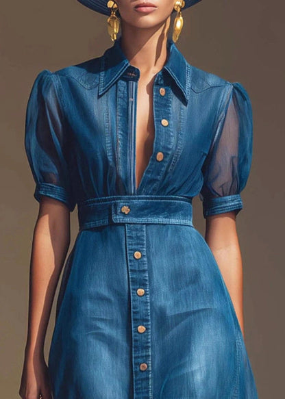 Fitted Blue Peter Pan Collar Patchwork Tulle Dress Short Sleeve