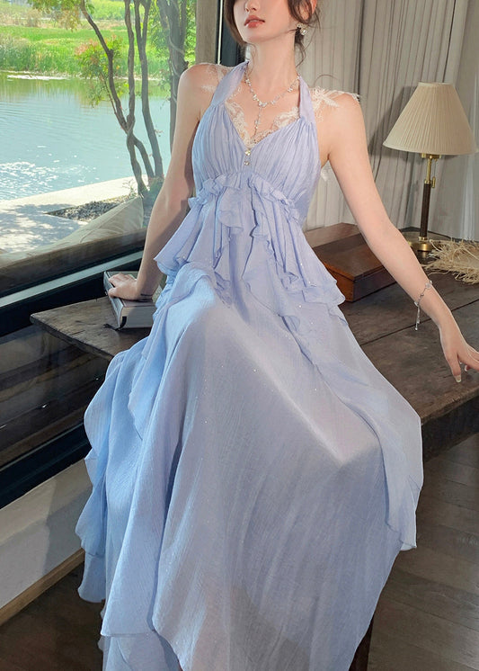 Fitted Blue Ruffled Exra Large Hem Cotton Halter Holiday Dresses Summer