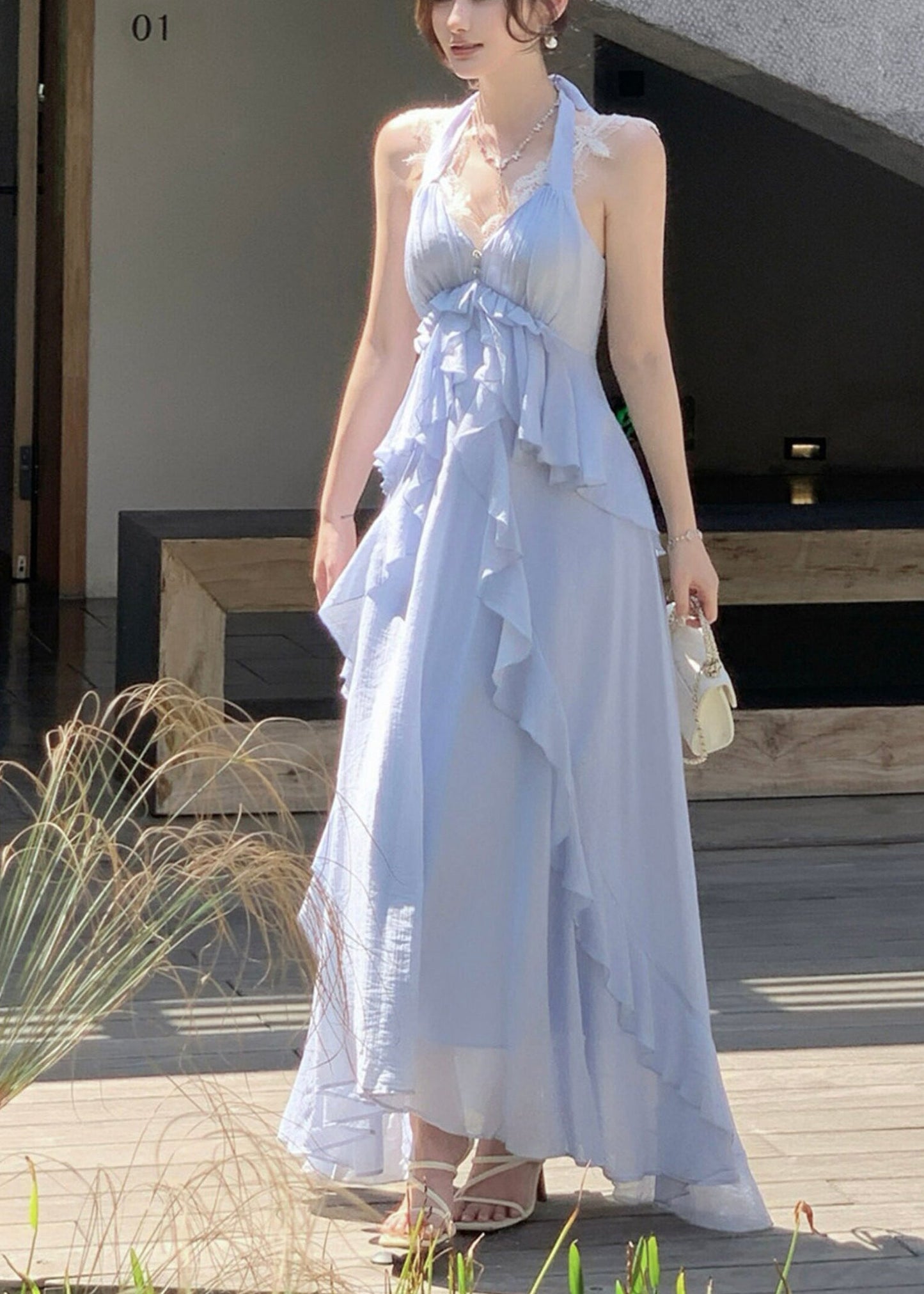 Fitted Blue Ruffled Exra Large Hem Cotton Halter Holiday Dresses Summer