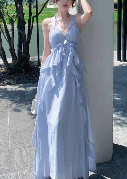 Fitted Blue Ruffled Exra Large Hem Cotton Halter Holiday Dresses Summer