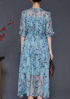 Fitted Blue Ruffled Print Chiffon Party Dress Summer