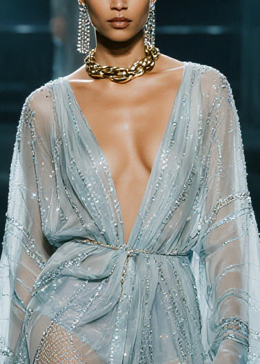 Fitted Blue Sequins Low High Design Tulle UPF 50+Cardigans Summer