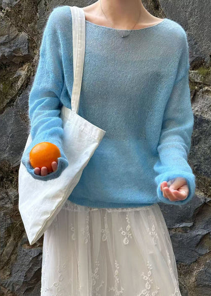 Fitted Blue Slash Neck Knit Pullover Spring