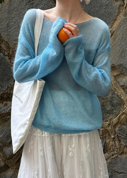 Fitted Blue Slash Neck Knit Pullover Spring