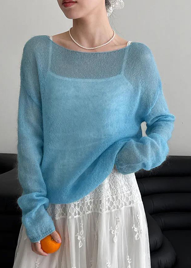 Fitted Blue Slash Neck Knit Pullover Spring