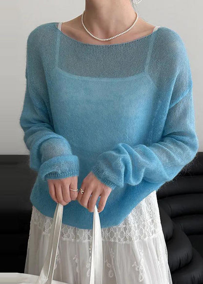 Fitted Blue Slash Neck Knit Pullover Spring
