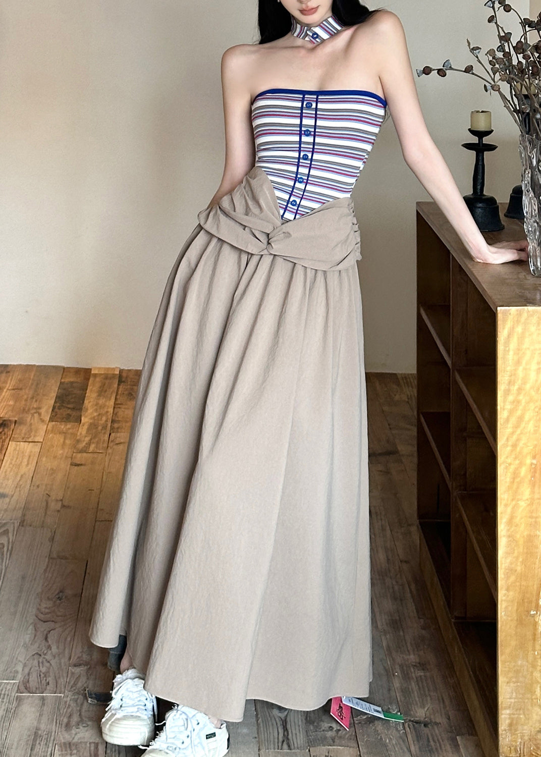 Fitted Blue Striped False Two Pieces Patchwork Cotton Dresses Summer