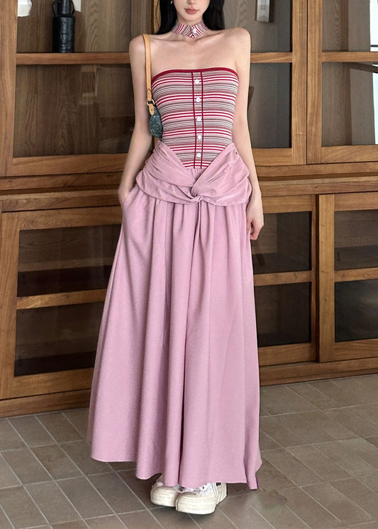 Fitted Blue Striped False Two Pieces Patchwork Cotton Dresses Summer