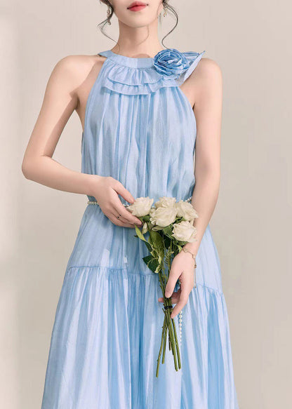 Fitted Blue Wrinkled Patchwork Tie Waist Maxi Dress Summer