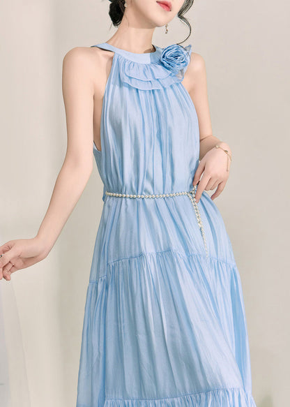 Fitted Blue Wrinkled Patchwork Tie Waist Maxi Dress Summer