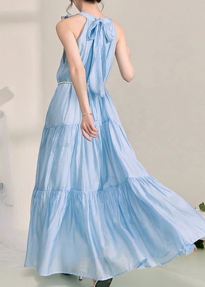 Fitted Blue Wrinkled Patchwork Tie Waist Maxi Dress Summer