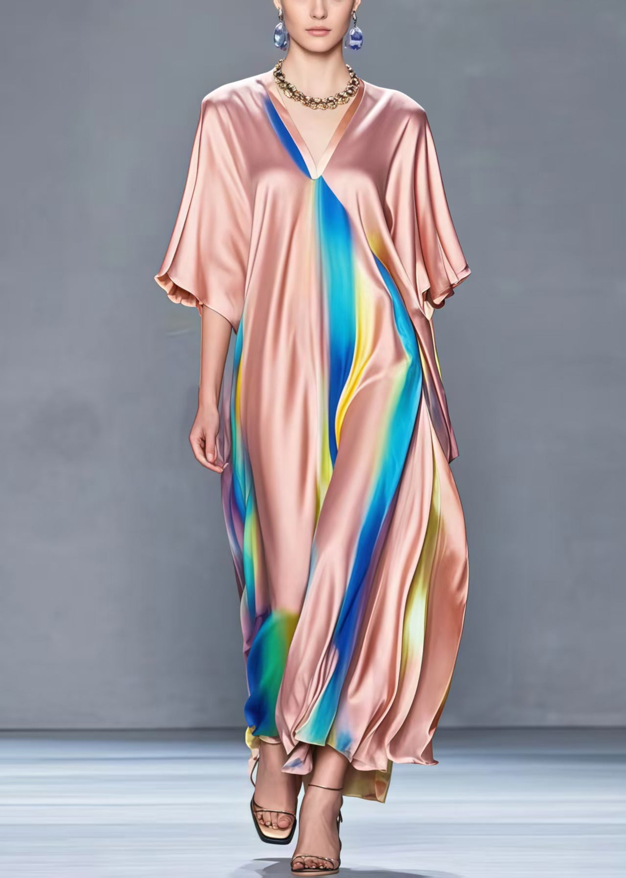 Fitted Brick Red Oversized Tie Dye Silk Maxi Dresses Summer