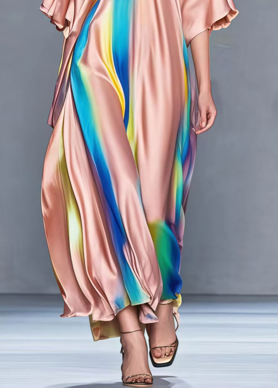 Fitted Brick Red Oversized Tie Dye Silk Maxi Dresses Summer