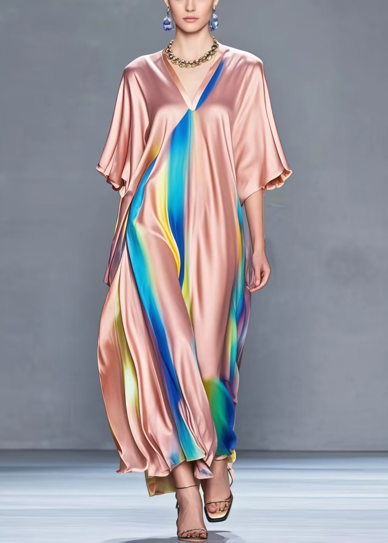 Fitted Brick Red Oversized Tie Dye Silk Maxi Dresses Summer