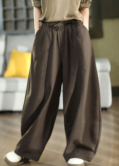 Fitted Brown Elastic Waist Cotton Wide Leg Pants Fall